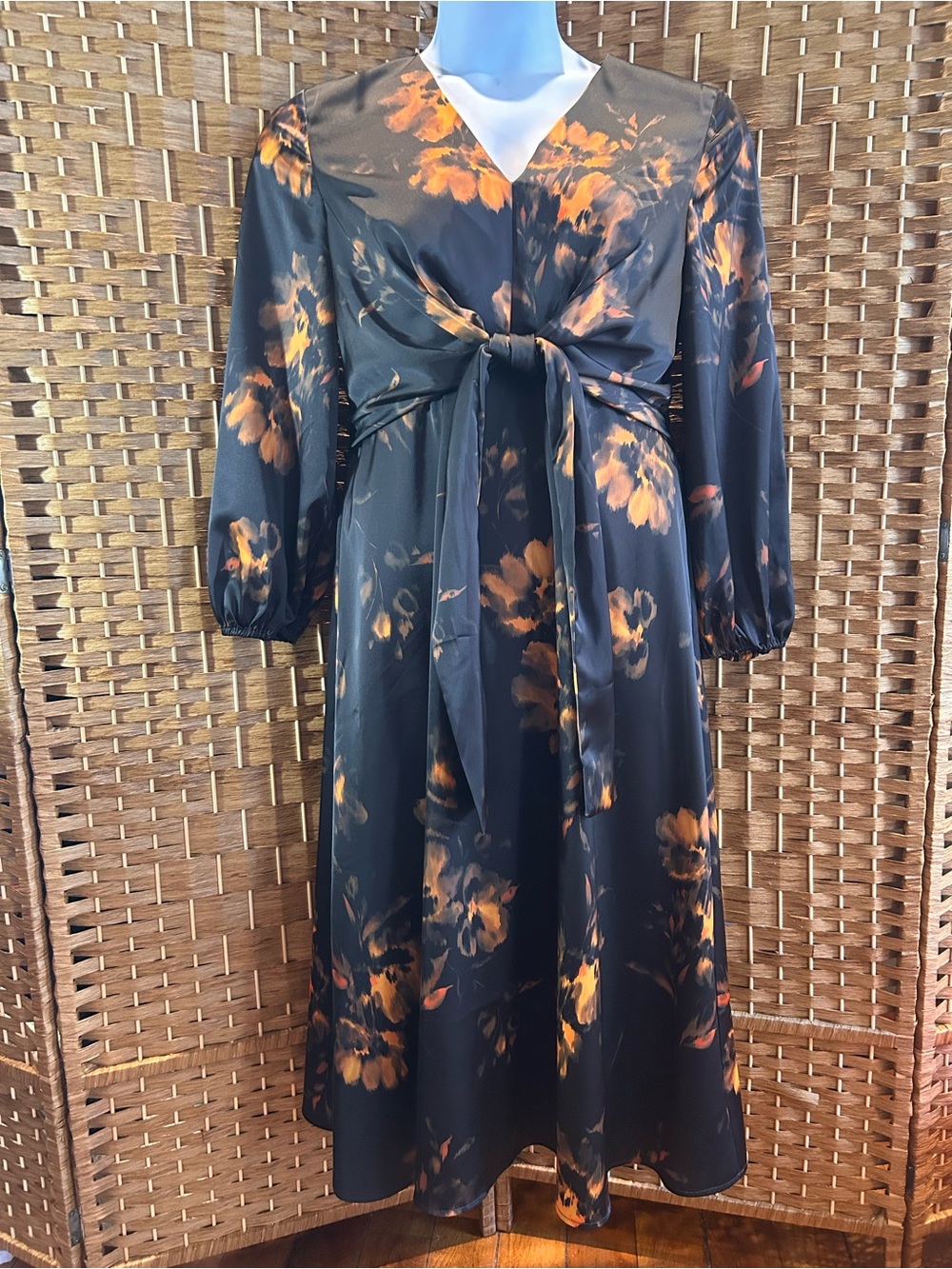 Banana Republic Black Rust Floral Satin Midi Dress Size 8 Tie Front